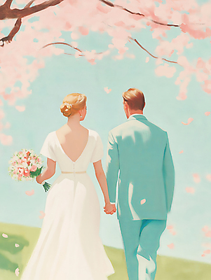 JPG 여자 남자 행복 신부 부케 웨딩드레스 신랑 일러스트 봄꽃 결혼식 사랑 들기 턱시도 성인 두명 햇빛 걷기 손잡기 로맨틱 벚꽃 나뭇가지 그림 유화 성인만 국내일러스트 AI일러스트 AI콘텐츠 나무 드레스 꽃 감정 꽃다발 결혼 컨셉 모션 미술 사람 정장 태양 봄 파일형식