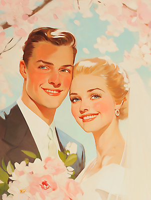 JPG 여자 남자 행복 신부 부케 웨딩드레스 신랑 일러스트 봄꽃 결혼식 면사포 사랑 미소 턱시도 상반신 성인 두명 햇빛 로맨틱 벚꽃 그림 유화 성인만 머리맞대기 국내일러스트 AI일러스트 AI콘텐츠 드레스 꽃 감정 꽃다발 결혼 컨셉 모션 표정 미술 사람 정장 태양 봄 결혼소품 파일형식