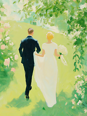 JPG 전신 여자 남자 행복 신부 부케 웨딩드레스 신랑 일러스트 봄꽃 결혼식 나뭇잎 사랑 들기 턱시도 성인 두명 햇빛 걷기 로맨틱 잡기 그림 유화 성인만 국내일러스트 AI일러스트 AI콘텐츠 드레스 꽃 감정 꽃다발 결혼 컨셉 잎 모션 미술 사람 정장 태양 봄 파일형식