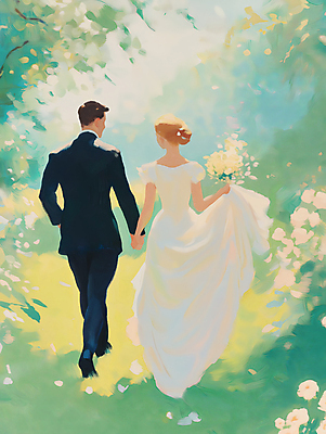JPG 전신 여자 남자 행복 신부 부케 웨딩드레스 신랑 일러스트 봄꽃 결혼식 나뭇잎 사랑 들기 턱시도 성인 두명 햇빛 걷기 손잡기 로맨틱 잡기 그림 유화 성인만 국내일러스트 AI일러스트 AI콘텐츠 드레스 꽃 감정 꽃다발 결혼 컨셉 잎 모션 미술 사람 정장 태양 봄 파일형식