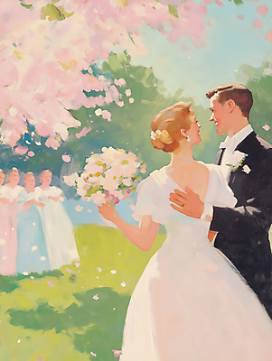 JPG 여자 남자 행복 신부 부케 웨딩드레스 신랑 일러스트 봄꽃 결혼식 사랑 미소 들기 턱시도 여러명 성인 햇빛 로맨틱 벚꽃 그림 유화 성인만 국내일러스트 AI일러스트 AI콘텐츠 드레스 꽃 감정 꽃다발 다수 결혼 컨셉 모션 표정 미술 사람 정장 태양 봄 파일형식