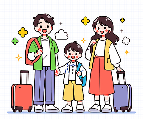 전신 여자 남자 행복 어린이 가방 일러스트 가족 가족여행 웃음 소년 성인 세명 반짝임 캐리어 손잡기 잡기 국내일러스트 AI파일 잡화 감정 여행 관계 모션 표정 사람 여행가방 파일형식 벡터