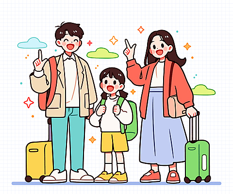 전신 구름 여자 남자 행복 어린이 가방 일러스트 가족 가족여행 웃음 소녀 성인 세명 반짝임 캐리어 가리킴 잡기 국내일러스트 AI파일 자연요소 잡화 감정 여행 관계 모션 표정 사람 손짓 여행가방 파일형식 벡터