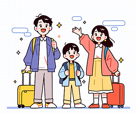 전신 여자 남자 행복 어린이 가방 일러스트 가족 가족여행 웃음 소년 성인 세명 반짝임 캐리어 잡기 손인사 국내일러스트 AI파일 잡화 감정 여행 관계 모션 표정 사람 여행가방 인사 파일형식 벡터