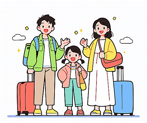 전신 구름 여자 남자 행복 어린이 허리손 가방 일러스트 가족 가족여행 웃음 소녀 성인 세명 반짝임 손들기 캐리어 잡기 국내일러스트 AI파일 자연요소 잡화 감정 여행 포즈 관계 모션 표정 사람 여행가방 파일형식 벡터