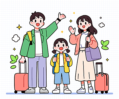 전신 여자 남자 행복 어린이 가방 일러스트 가족 가족여행 웃음 소녀 성인 세명 반짝임 캐리어 잡기 손인사 국내일러스트 AI파일 잡화 감정 여행 관계 모션 표정 사람 여행가방 인사 파일형식 벡터