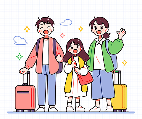 전신 구름 여자 남자 행복 어린이 가방 일러스트 가족 가족여행 웃음 소녀 성인 세명 반짝임 캐리어 잡기 손인사 국내일러스트 AI파일 자연요소 잡화 감정 여행 관계 모션 표정 사람 여행가방 인사 파일형식 벡터