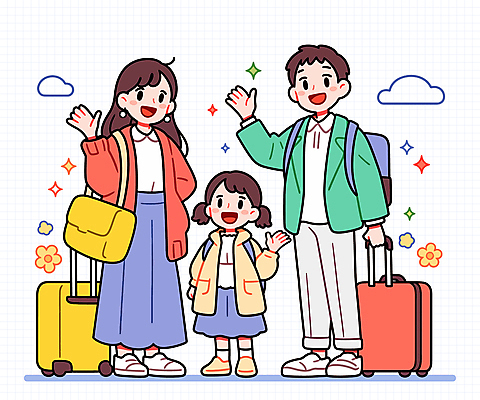 전신 구름 여자 남자 행복 어린이 가방 일러스트 가족 가족여행 웃음 소녀 성인 세명 반짝임 캐리어 잡기 손인사 국내일러스트 AI파일 자연요소 잡화 감정 여행 관계 모션 표정 사람 여행가방 인사 파일형식 벡터