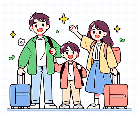 전신 여자 남자 행복 어린이 가방 일러스트 가족 가족여행 웃음 소년 성인 세명 반짝임 캐리어 잡기 손인사 국내일러스트 AI파일 잡화 감정 여행 관계 모션 표정 사람 여행가방 인사 파일형식 벡터