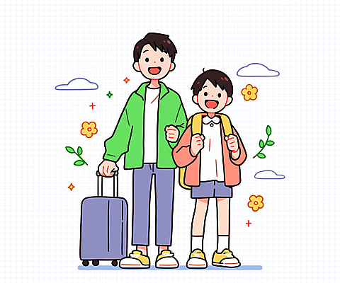 전신 구름 남자 행복 어린이 가방 일러스트 가족 가족여행 웃음 소년 성인 두명 캐리어 잡기 남자만 국내일러스트 AI파일 자연요소 잡화 감정 여행 관계 모션 표정 사람 여행가방 파일형식 벡터