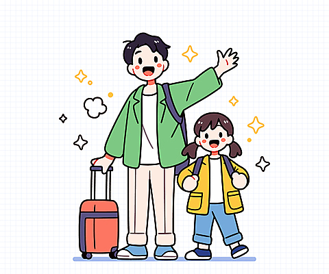 전신 여자 남자 행복 어린이 가방 일러스트 가족 가족여행 웃음 소녀 성인 두명 반짝임 캐리어 잡기 손인사 국내일러스트 AI파일 잡화 감정 여행 관계 모션 표정 사람 여행가방 인사 파일형식 벡터