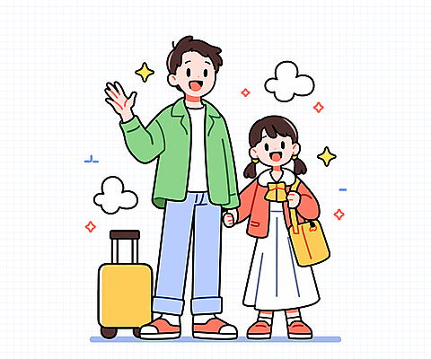 전신 구름 여자 남자 행복 어린이 가방 일러스트 가족 가족여행 웃음 소녀 성인 두명 반짝임 캐리어 손잡기 잡기 손인사 국내일러스트 AI파일 자연요소 잡화 감정 여행 관계 모션 표정 사람 여행가방 인사 파일형식 벡터