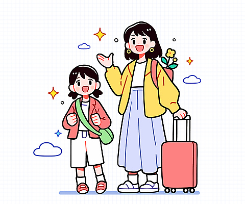 전신 구름 여자 행복 어린이 가방 일러스트 가족 가족여행 웃음 소녀 성인 두명 반짝임 손들기 캐리어 잡기 여자만 국내일러스트 AI파일 자연요소 잡화 감정 여행 관계 모션 표정 사람 여행가방 파일형식 벡터