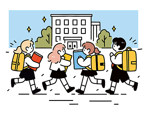 전신 나무 학생 여자 남자 교복 초등학생 어린이 일러스트 책가방 초등학교 들기 소녀 소년 여러명 건물 책 반짝임 달리기 등하교 어린이만 국내일러스트 AI파일 식물 건축물 옷 다수 가방 학교 모션 사람 파일형식 벡터