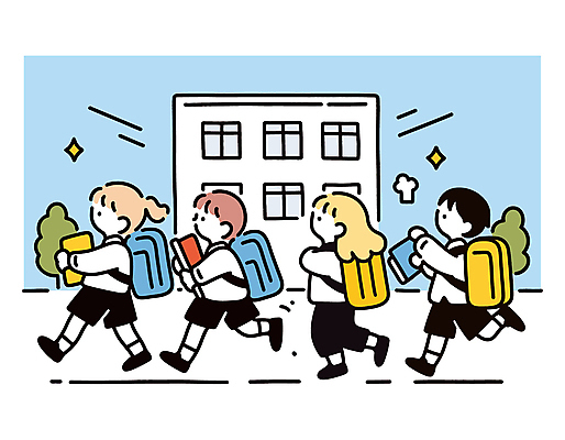 전신 나무 학생 여자 남자 교복 초등학생 어린이 일러스트 책가방 초등학교 들기 소녀 소년 여러명 건물 책 반짝임 달리기 등하교 어린이만 국내일러스트 AI파일 식물 건축물 옷 다수 가방 학교 모션 사람 파일형식 벡터