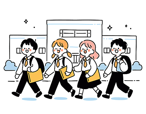 전신 학생 여자 남자 교복 초등학생 어린이 일러스트 책가방 초등학교 미소 들기 소녀 소년 여러명 건물 책 반짝임 걷기 등하교 어린이만 국내일러스트 AI파일 건축물 옷 다수 가방 학교 모션 표정 사람 파일형식 벡터