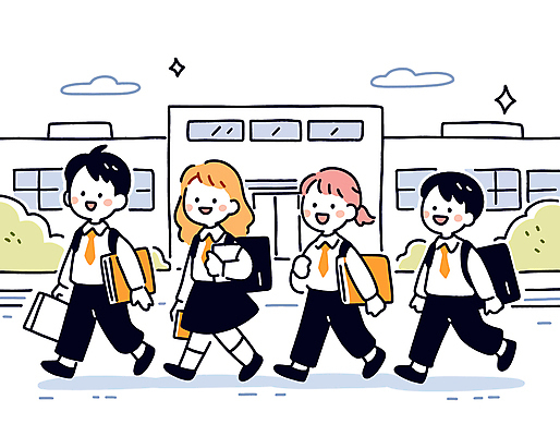 전신 구름 학생 여자 남자 교복 초등학생 어린이 일러스트 책가방 초등학교 미소 들기 소녀 소년 여러명 건물 책 반짝임 걷기 등하교 어린이만 국내일러스트 AI파일 자연요소 건축물 옷 다수 가방 학교 모션 표정 사람 파일형식 벡터