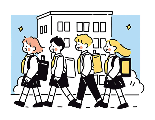 전신 학생 여자 남자 교복 초등학생 어린이 일러스트 책가방 초등학교 미소 들기 소녀 소년 여러명 건물 책 반짝임 걷기 등하교 어린이만 국내일러스트 AI파일 건축물 옷 다수 가방 학교 모션 표정 사람 파일형식 벡터