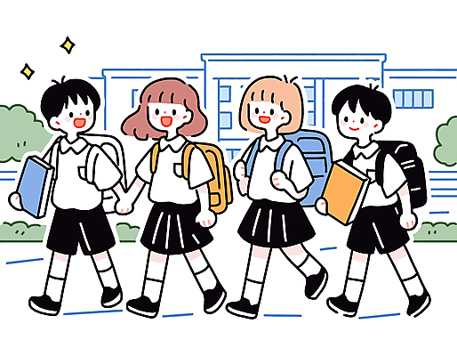 전신 학생 여자 남자 교복 초등학생 어린이 일러스트 책가방 초등학교 들기 소녀 소년 여러명 건물 책 반짝임 걷기 손잡기 등하교 어린이만 국내일러스트 AI파일 건축물 옷 다수 가방 학교 모션 사람 파일형식 벡터