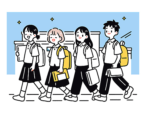 전신 학생 여자 남자 교복 초등학생 어린이 일러스트 책가방 초등학교 미소 들기 소녀 소년 여러명 건물 책 반짝임 걷기 등하교 어린이만 국내일러스트 AI파일 건축물 옷 다수 가방 학교 모션 표정 사람 파일형식 벡터