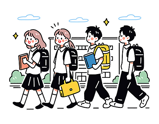전신 구름 학생 여자 남자 교복 초등학생 어린이 일러스트 책가방 초등학교 미소 들기 소녀 소년 여러명 건물 책 반짝임 걷기 등하교 어린이만 국내일러스트 AI파일 자연요소 건축물 옷 다수 가방 학교 모션 표정 사람 파일형식 벡터