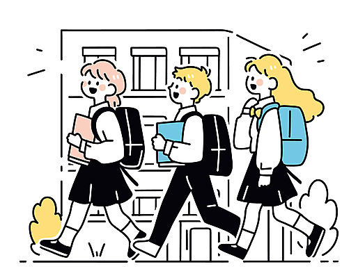 전신 학생 여자 남자 교복 초등학생 어린이 일러스트 책가방 초등학교 미소 들기 소녀 소년 건물 책 세명 걷기 등하교 어린이만 국내일러스트 AI파일 건축물 옷 가방 학교 모션 표정 사람 파일형식 벡터