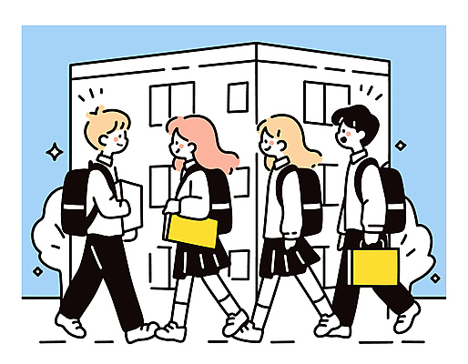 전신 학생 여자 남자 교복 초등학생 어린이 일러스트 책가방 초등학교 미소 들기 소녀 소년 여러명 건물 책 반짝임 걷기 등하교 어린이만 국내일러스트 AI파일 건축물 옷 다수 가방 학교 모션 표정 사람 파일형식 벡터