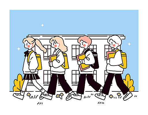 전신 학생 여자 남자 교복 초등학생 어린이 일러스트 책가방 초등학교 미소 들기 소녀 소년 잔디 여러명 건물 책 반짝임 걷기 등하교 어린이만 국내일러스트 AI파일 식물 건축물 옷 다수 가방 학교 모션 표정 사람 파일형식 벡터