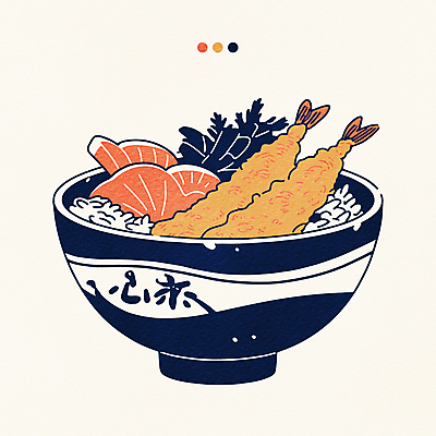그릇 일러스트 육류 사람없음 식사 남색 새우튀김 텐동 국내일러스트 AI파일 식기 컬러 식재료 새우 튀김 덮밥 일본음식 파일형식 벡터