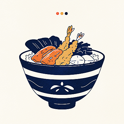 그릇 일러스트 육류 사람없음 식사 김 남색 새우튀김 텐동 국내일러스트 AI파일 식기 컬러 식재료 새우 튀김 해조류 덮밥 일본음식 파일형식 벡터