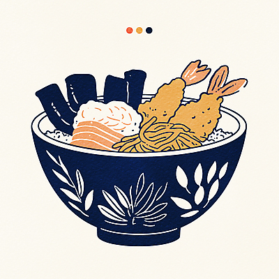 그릇 일러스트 사람없음 식사 회 김 남색 새우튀김 텐동 국내일러스트 AI파일 식기 음식 컬러 새우 튀김 해조류 덮밥 일본음식 파일형식 벡터