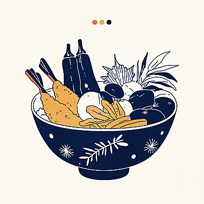 그릇 채소 일러스트 사람없음 식사 버섯 남색 새우튀김 텐동 국내일러스트 AI파일 식기 컬러 새우 튀김 덮밥 일본음식 파일형식 벡터