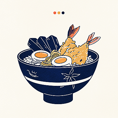 그릇 일러스트 사람없음 식사 남색 새우튀김 삶은계란 텐동 국내일러스트 AI파일 식기 컬러 새우 계란 튀김 계란요리 덮밥 일본음식 파일형식 벡터