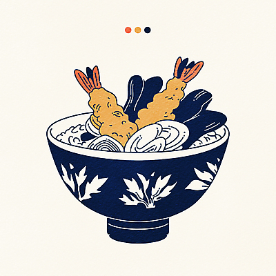 그릇 일러스트 사람없음 식사 김 남색 새우튀김 텐동 국내일러스트 AI파일 식기 컬러 새우 튀김 해조류 덮밥 일본음식 파일형식 벡터