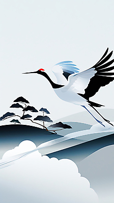 JPG 나무 구름 전통 일러스트 사람없음 학 안개 비행 언덕 국내일러스트 AI일러스트 AI콘텐츠 자연요소 식물 조류 날씨 파일형식