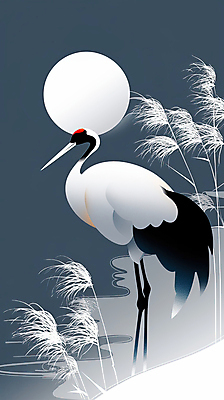 JPG 전통 호수 일러스트 갈대 사람없음 학 보름달 국내일러스트 AI일러스트 AI콘텐츠 식물 조류 달 파일형식