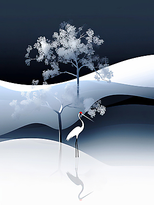 JPG 나무 전통 일러스트 사람없음 반사 학 언덕 국내일러스트 AI일러스트 AI콘텐츠 식물 조류 파일형식