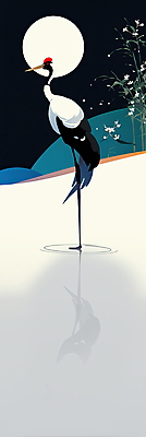 JPG 전통 꽃 일러스트 갈대 사람없음 반사 학 보름달 수면 언덕 국내일러스트 AI일러스트 AI콘텐츠 식물 조류 물 달 파일형식