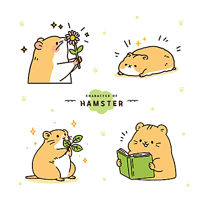 꽃 엎드리기 동물캐릭터 잎 일러스트 들기 사람없음 책 반짝임 독서 노란색 햄스터 일러캐릭터 AI파일 식물 동물 캐릭터 컬러 모션 반려동물 설치류 파일형식 벡터