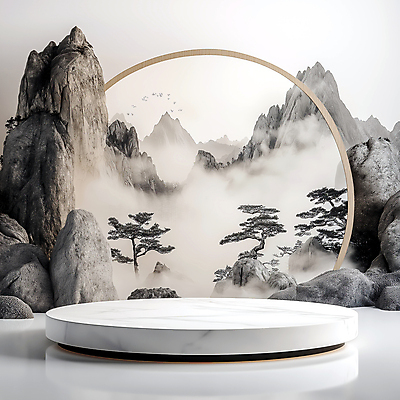 JPG 구름 편집이미지 전통소품 한국 사람없음 안개 바위 소나무 산수화 포디움 몽환 편집실사 AI컴퓨터그래픽 AI콘텐츠 자연요소 나무 전통 아시아 컨셉 날씨 무대 돌_바위 동양화 CG 오브젝트 파일형식