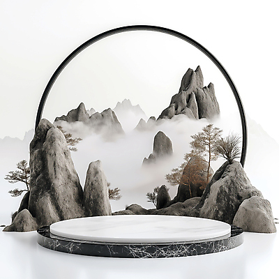 JPG 구름 편집이미지 전통소품 한국 사람없음 안개 바위 소나무 산수화 포디움 몽환 편집실사 AI컴퓨터그래픽 AI콘텐츠 자연요소 나무 전통 아시아 컨셉 날씨 무대 돌_바위 동양화 CG 오브젝트 파일형식