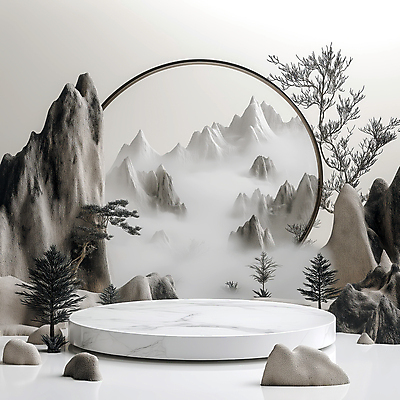 JPG 구름 편집이미지 전통소품 한국 사람없음 안개 바위 소나무 산수화 포디움 몽환 편집실사 AI컴퓨터그래픽 AI콘텐츠 자연요소 나무 전통 아시아 컨셉 날씨 무대 돌_바위 동양화 CG 오브젝트 파일형식