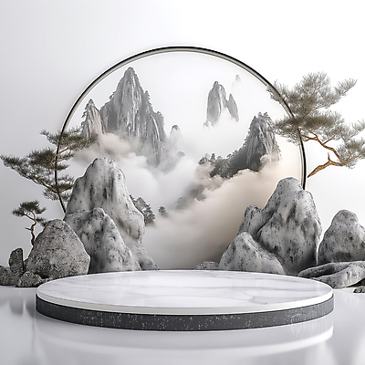 JPG 구름 편집이미지 전통소품 한국 사람없음 안개 바위 소나무 산수화 포디움 몽환 편집실사 AI컴퓨터그래픽 AI콘텐츠 자연요소 나무 전통 아시아 컨셉 날씨 무대 돌_바위 동양화 CG 오브젝트 파일형식