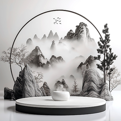 JPG 구름 편집이미지 전통소품 한국 사람없음 안개 바위 소나무 산수화 포디움 몽환 편집실사 AI컴퓨터그래픽 AI콘텐츠 자연요소 나무 전통 아시아 컨셉 날씨 무대 돌_바위 동양화 CG 오브젝트 파일형식