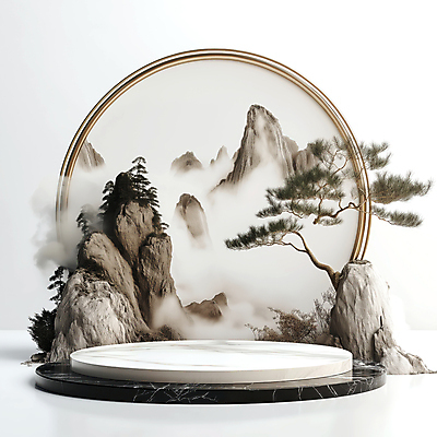 JPG 구름 편집이미지 전통소품 한국 사람없음 안개 바위 소나무 산수화 포디움 몽환 편집실사 AI컴퓨터그래픽 AI콘텐츠 자연요소 나무 전통 아시아 컨셉 날씨 무대 돌_바위 동양화 CG 오브젝트 파일형식