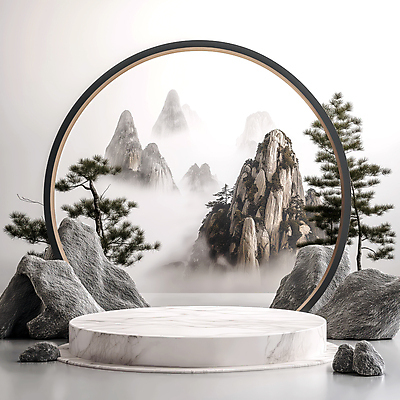 JPG 구름 편집이미지 전통소품 한국 사람없음 안개 바위 소나무 산수화 포디움 몽환 편집실사 AI컴퓨터그래픽 AI콘텐츠 자연요소 나무 전통 아시아 컨셉 날씨 무대 돌_바위 동양화 CG 오브젝트 파일형식