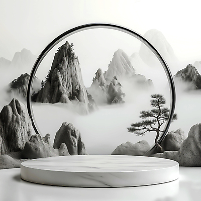 JPG 구름 편집이미지 전통소품 한국 사람없음 안개 바위 소나무 산수화 포디움 몽환 편집실사 AI컴퓨터그래픽 AI콘텐츠 자연요소 나무 전통 아시아 컨셉 날씨 무대 돌_바위 동양화 CG 오브젝트 파일형식