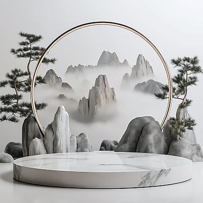 JPG 구름 편집이미지 전통소품 한국 사람없음 안개 바위 소나무 산수화 포디움 몽환 편집실사 AI컴퓨터그래픽 AI콘텐츠 자연요소 나무 전통 아시아 컨셉 날씨 무대 돌_바위 동양화 CG 오브젝트 파일형식