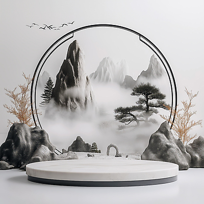 JPG 구름 편집이미지 전통소품 한국 사람없음 안개 바위 소나무 산수화 포디움 몽환 편집실사 AI컴퓨터그래픽 AI콘텐츠 자연요소 나무 전통 아시아 컨셉 날씨 무대 돌_바위 동양화 CG 오브젝트 파일형식