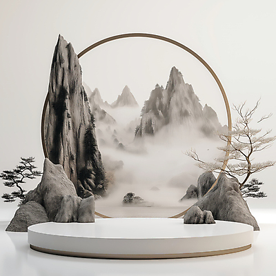 JPG 구름 편집이미지 전통소품 한국 사람없음 안개 바위 소나무 산수화 포디움 몽환 편집실사 AI컴퓨터그래픽 AI콘텐츠 자연요소 나무 전통 아시아 컨셉 날씨 무대 돌_바위 동양화 CG 오브젝트 파일형식